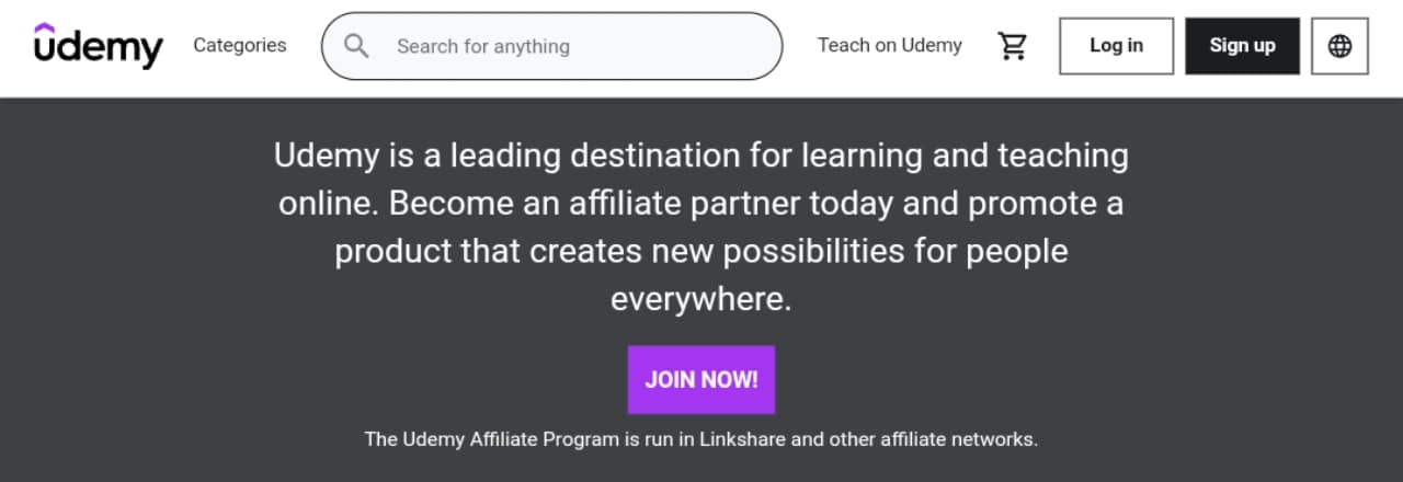 Udemy affiliate program's landing page