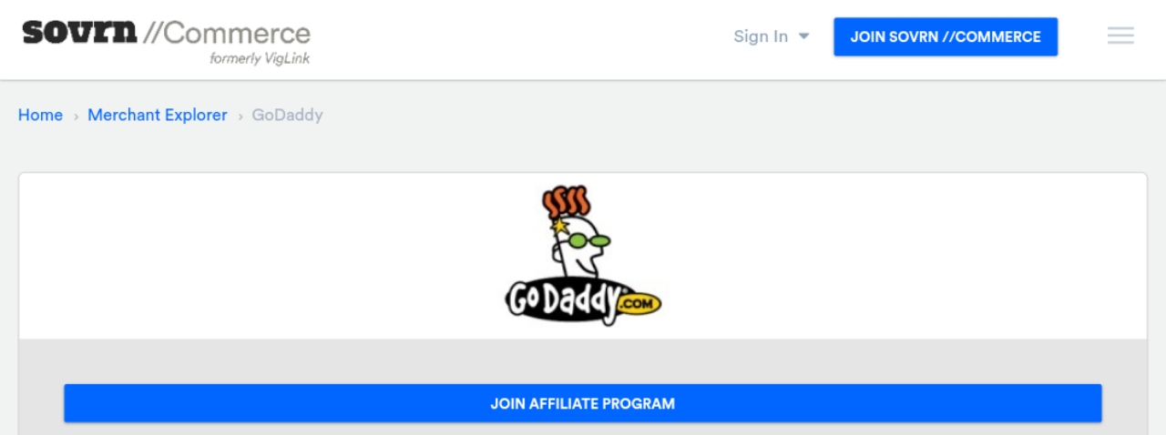 Landing page of GoDaddy affiliate program hosted on VigLink