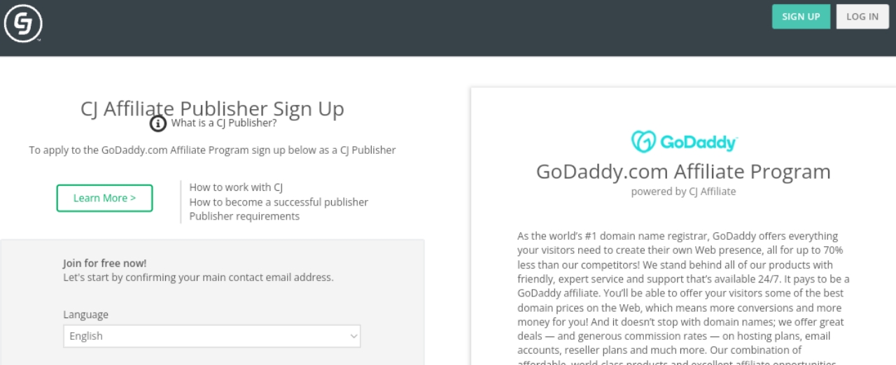 Landing page of GoDaddy affiliate program hosted on CJ