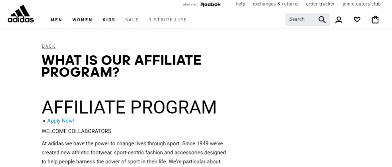 Adidas affiliate program landing page