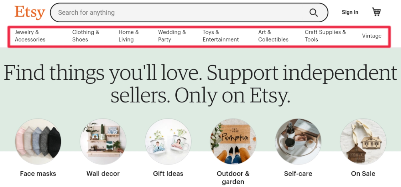 Etsy homepage with underlined categories