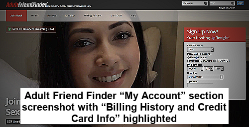 Screenshot of Adult Friend Finder “My Account” section with “Billing History and Credit Card Info” highlighted