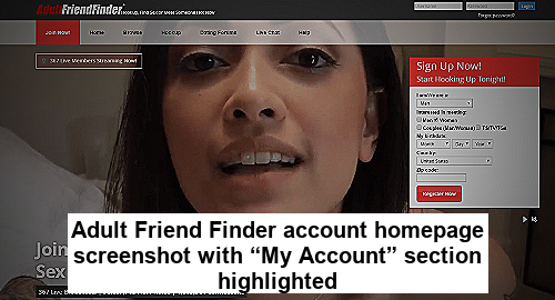 Screenshot of Adult Friend Finder account homepage with “My Account” section highlighted