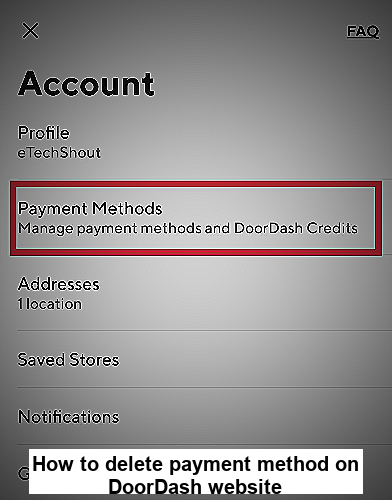 How to delete payment method on DoorDash website