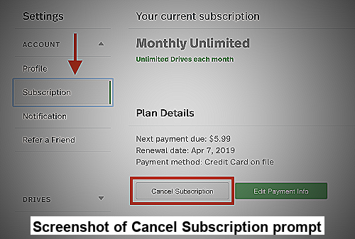 Screenshot of Cancel Subscription prompt