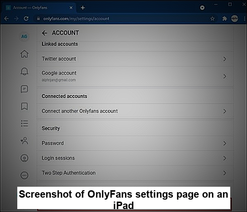 Screenshot of OnlyFans settings page on an iPad