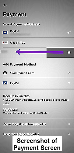 Screenshot of DoorDash App Payment Screen with Payment Card to Delete