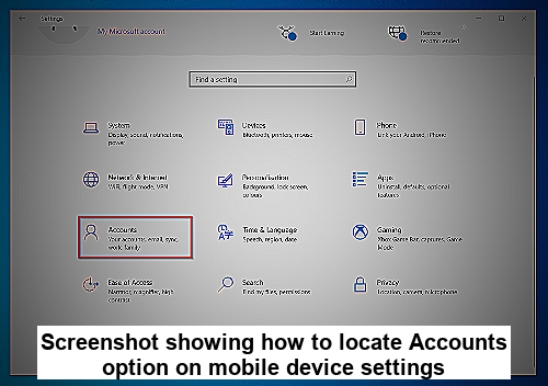 Screenshot showing how to locate Accounts option on mobile device settings
