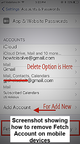 Screenshot showing how to remove Fetch Account on mobile devices